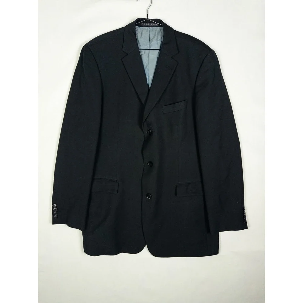 VTG Hugo Boss Rossellini Blazer Mens 44L Black 3 Button Wool Super 100‎